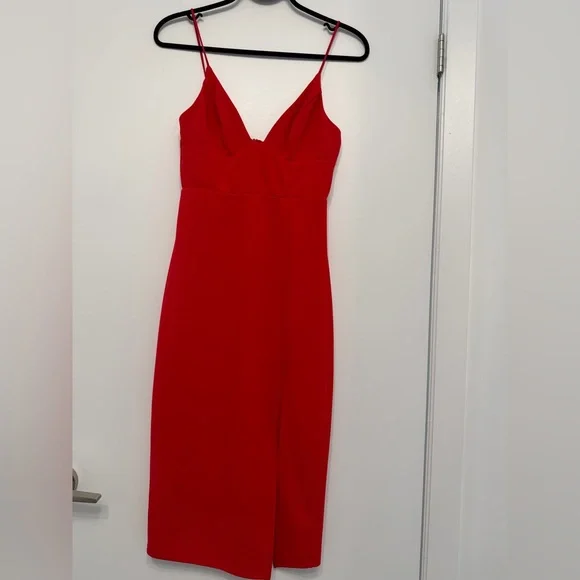 Red Spaghetti-Strap Midi Dress with Front Slit - Picture 2 of 6